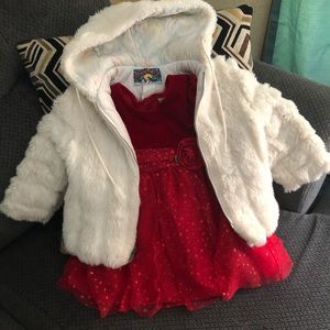 Red dress and fur coat!